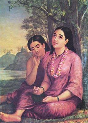 Raja Ravi Varma Shakuntala writes to Dushyanta.